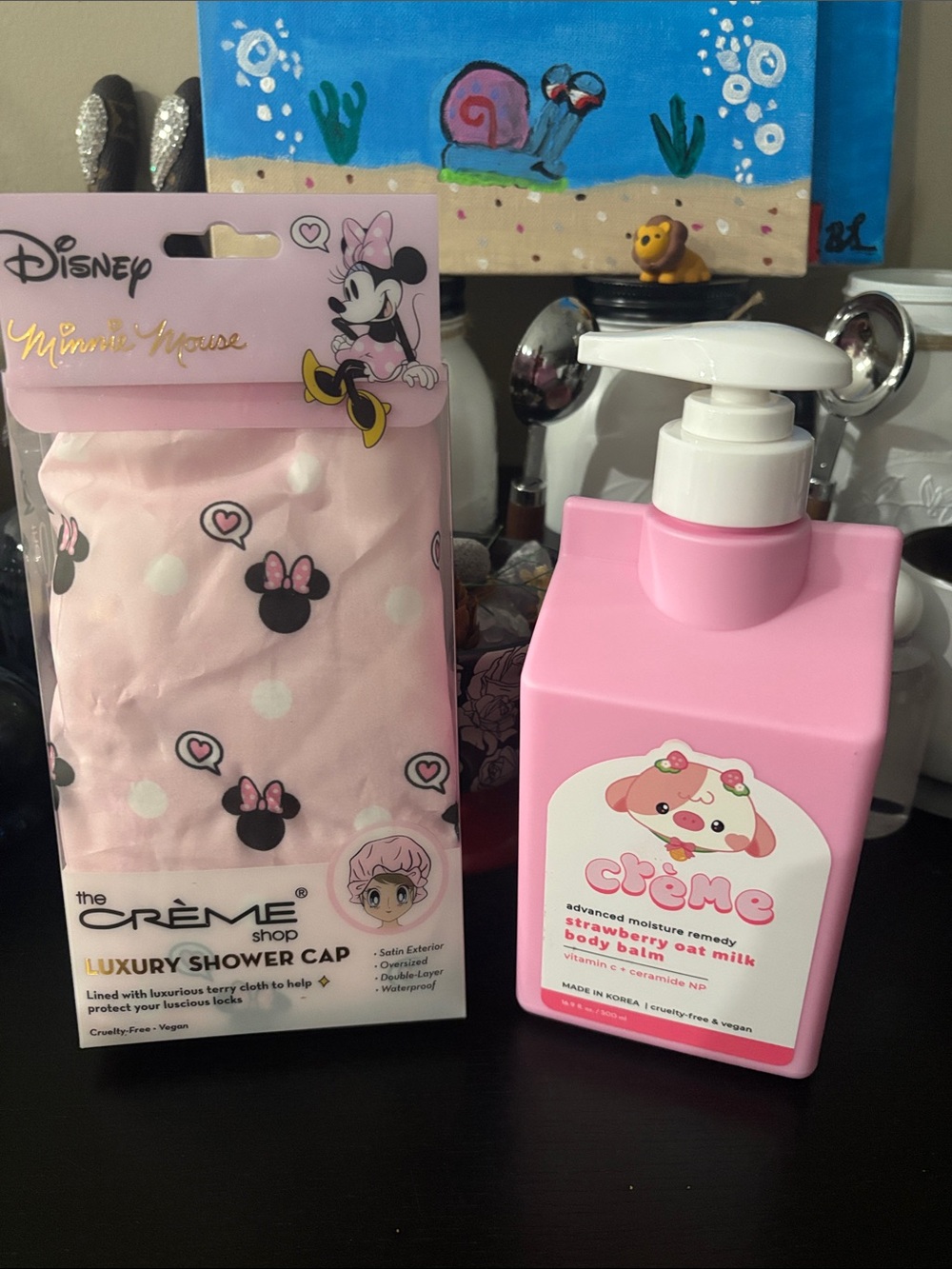 Disney Pink Minnie Mouse Kids Shower Cap with Pink Crème Body Balm